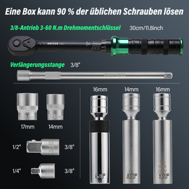 ARITER 9Pcs Spark Plug Socket Set 3/8" 5-45Ft.lb Torque Wrench with Universal Spark Plug Socket, 1/2 and 1/4 Adapters and Extension Rod, Customizable Manufacturers