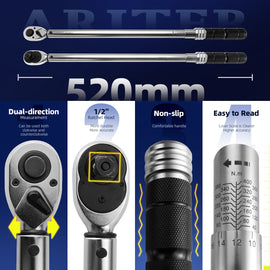 ARITER 1/2-Inch Drive Click Torque Wrench, 25-165Ft.lb(20-220N.m), 72-Tooth Torque Wrenches with Dual Range Scales, ±3% High Precision Torque Wrench