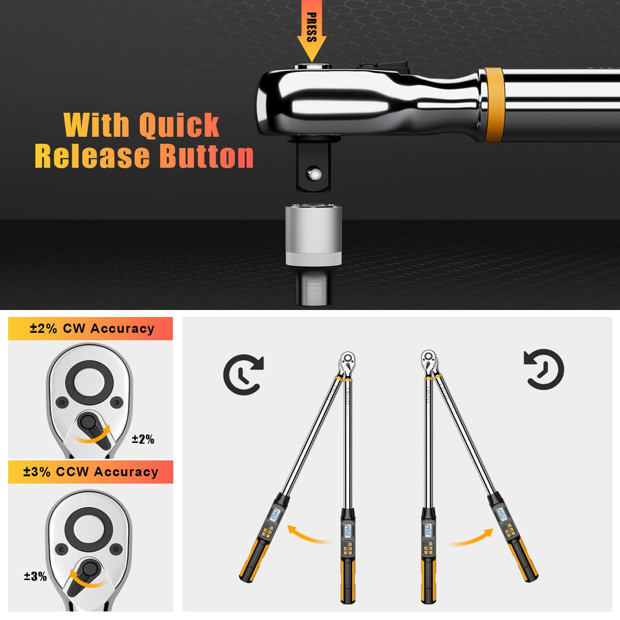 1/2 Inch Drive Digital Torque Wrench with Angle, 14.75-295Ft-lb/20-400Nm, Electronic Torque Wrench, ±2% Accuracy with with Preset Value, Data Storage, Buzzer and LED Flash Notification for Car