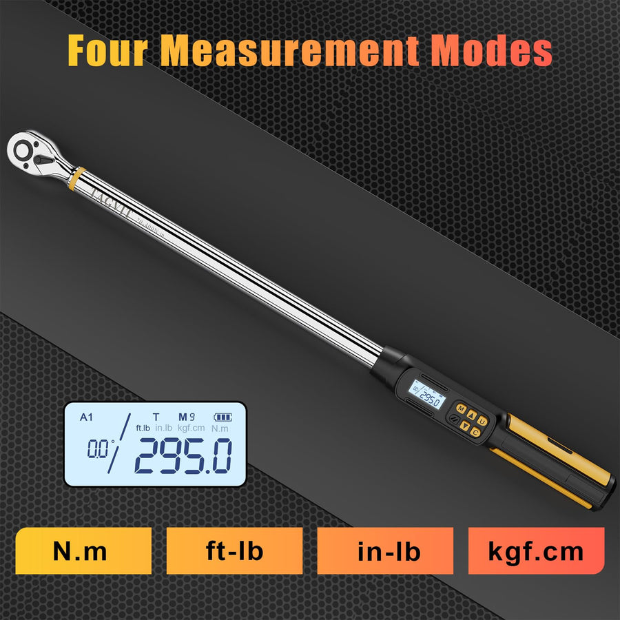 1/2 Inch Drive Digital Torque Wrench with Angle, 14.75-295Ft-lb/20-400Nm, Electronic Torque Wrench, ±2% Accuracy with with Preset Value, Data Storage, Buzzer and LED Flash Notification for Car