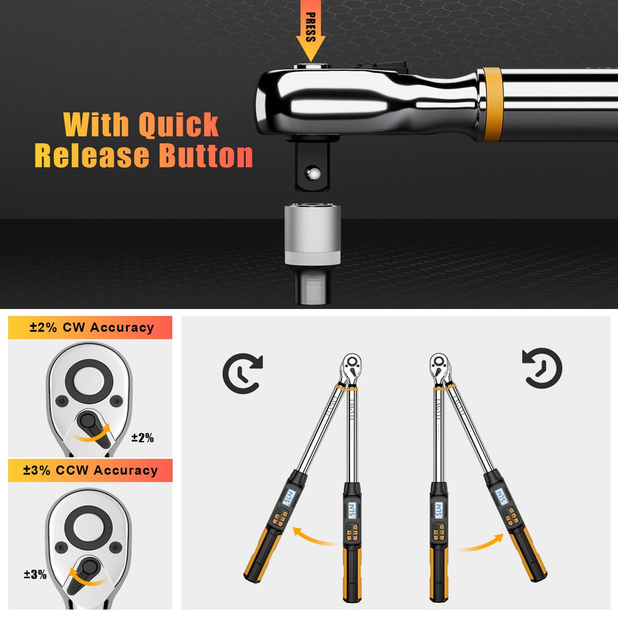 1/2 Inch Drive Digital Torque Wrench with Angle, 14.75-295Ft-lb/20-400Nm, Electronic Torque Wrench, ±2% Accuracy with with Preset Value, Data Storage, Buzzer and LED Flash Notification for Car